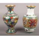 Two baluster shaped closonnie vases, both with floral decoration. (16cm tall)