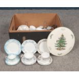 A group of assorted tea sets. Harleigh example etc. To include a Spode ' Christmas Tree' plate.