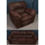 A reclining brown leather 3 seat sofa along with matching reclining armchair. (Sofa 97cm x 226cm x