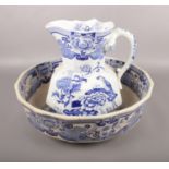 A Masons Ironstone Blue & White Jug and Bowl. 28cm height Jug, 41cm width bowl.