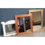 Three wall mirrors. Including gilt framed, pine example etc.