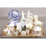 A tray of ceramics. Mainly bone china, includes Royal Albert, Royal Crown Derby, Wedgwood etc.