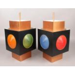 A pair of retro style ceiling lights. With four colour glass and metal shades. Glass in good