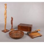 A collection of Treen. Mahogany box (25cm width), vintage wooden guillotine, carved bowl (23cm