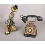A 1930s KTAS copper desk telephone with Bakelite receiver & a brass candlestick telephone with