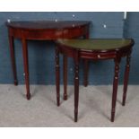 Two demi lune side tables. Including modern inlaid mahogany example. Chip to veneer on largest