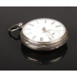 A Victorian silver fusee pocket watch. Assayed Chester 1874. Hour finger loose.