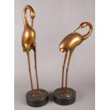 Two large brass herons on metal stands. 74cm.