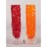 Two Whitefriars bark effect glass cylinder vases. Ruby red and tangerine. 14cm.