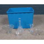 A collection of cut crystal glass wares. decanter, dishes, glasses, cake stand examples etc.