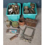 Two boxes of metalwares. Including ornate picture frame, copper kettle, ammo crate, flatware, etc.