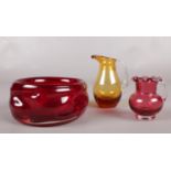 A group of Whitefriars glass ware. To include a Ruby Red knobbly bowl (12.5cm diameter), a small