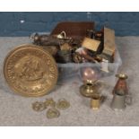 Two boxes of miscellaneous. Pewter tankards, Horse brasses, various brassware, a Bohemia box glass