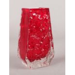 A Whitefriars ruby red glass coffin vase. 13cm.