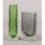 Two pieces of Whitefriars textured glass. Pewter and meadow green. 14cm and 11cm.