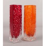Two Whitefriars Geoffrey Baxter Nailhead vases. Tangerine and Ruby Red. 16.5cm.