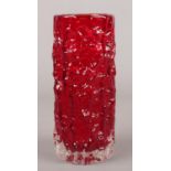 A Whitefriars Geoffrey Baxter bark effect ruby red glass cylinder vase. 19cm.