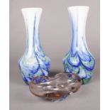 A pair of contemporary coloured art glass vases. (25.5cm height) to include a oval glass bowl (