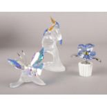 Three Swarovski glass figures. Flower, bird, butterfly (all boxed)
