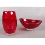 A Whitefriars Ruby red vase (15cm height) & Ruby Red oval dish by Geoffrey Baxter (17.5cm diameter)