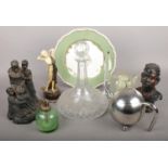 A mixed group lot. Including Royal Worchester plate, figures, coloured glass atomizer, decanter,