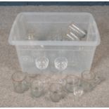 A box of drinking glasses. Includes Royal Brierley, etched examples, gilt edge etc.