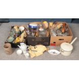 Three boxes of miscellaneous. Includes Shelley, enamel pan, glassware, cutlery etc.