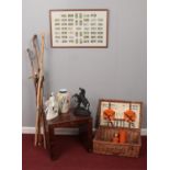 An assorted group of items. To include an Optima picnic basket and contents, a Chinese hardwood