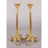 A pair of gilt bronze candlesticks. With reeded columns and raised on three paw feet. 35cm.