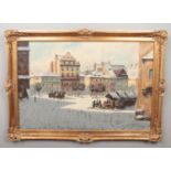 W.Wolsky, large gilt framed oil on canvas, winter street scene. (60cm x 90cm)