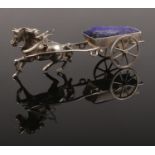 A Norwegian silver novelty pin cushion formed as a horse and cart. Stamped 830.