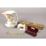 A group of collectables. Includes James Kent jug, Shrapnel Villa crested china, Rowntree's Pastilles