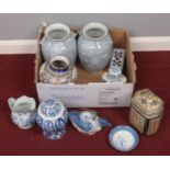A box of oriental ceramics. Including mostly blue & white examples, etc.