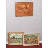 Three vintage pictures. To include a marquetry inlaid wooden picture of a landscape, a framed