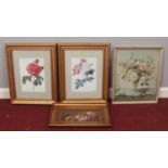 Four framed pictures. To include three prints and one unsigned oil on canvas of a still life.