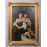 N.Gibson, large gilt framed oil on canvas, depicting two young females and a child. (90cm x 59cm)