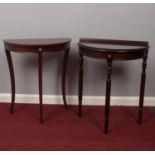 Two Mahogany demi lune console tables ( one with glass top) (70cm h, 60cm w)