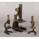 Three vintage brass microscopes.