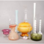 A quantity of art glass. Including large vases, lidded pedestal bowl, jug, ash tray, etc.