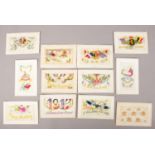 Twelve World War One embroided Christmas and birthday cards.