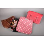 Four assorted handbags. To include a Cath Kidston, Madison West USA bag, red satchel an one other.