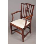 A George lll elm elbow chair with upholstered seat. H:96cm, W:58cm, D:45cm. Condition fair. The back