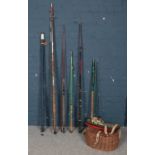 Six fishing rods with basket. To include ABU Atlantic 484 zoom (11.5ft 350cm, Shakespeare 1868-285
