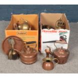 Two boxes of metalwares. Vintage Copper kettles, horse brasses, brass fire companion tools etc