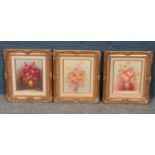 Three gilt framed oil on board still life of flowers, two Signed Toma.