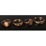 Four gold rings. To include a 9ct Rose gold ring with missing stones (T), a 9ct Rose gold Initial