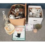Two boxes of miscellaneous. Includes Coronet Ware cake stand, silver plate candelabra, Guinness