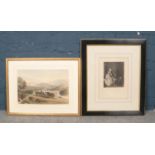 Two framed prints. Includes rural landscape with an abbey, and German interior scene with figures.