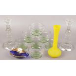 A collection of Vintage Glassware. Includes a pair of Candlesticks and Desert Bowls etc.