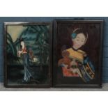 Two oriental framed pictures on glass. Comprising of two pictures depicting oriental women. H: 48.